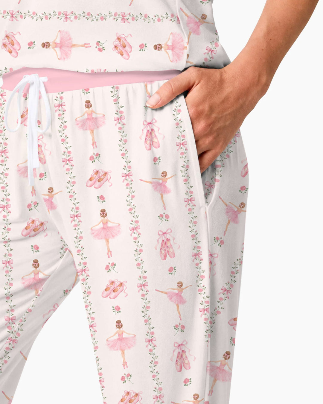 Pink Ballerina Rose Bow Stripe Bamboo Women Pajama Set