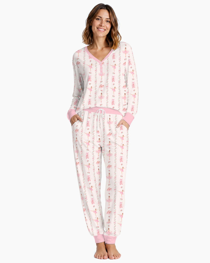 Pink Ballerina Rose Bow Stripe Bamboo Women Pajama Set