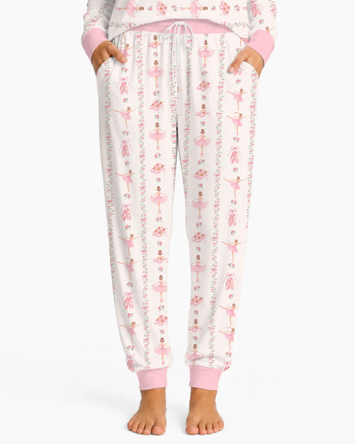 Pink Ballerina Rose Bow Stripe Bamboo Women Pajama Set