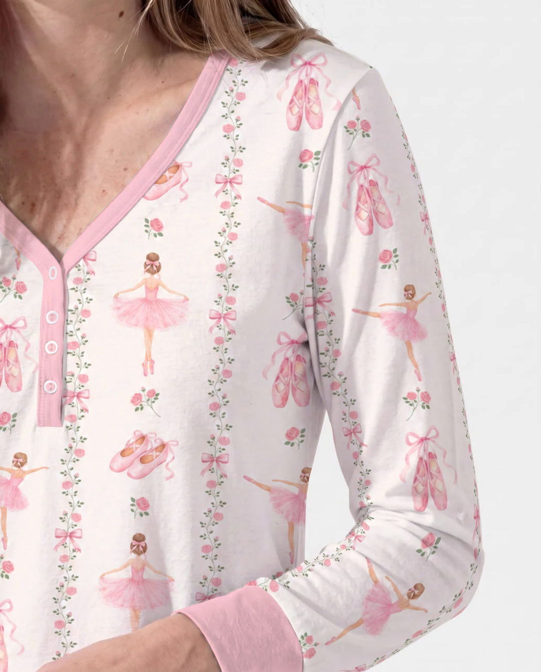 Pink Ballerina Rose Bow Stripe Bamboo Women Pajama Set
