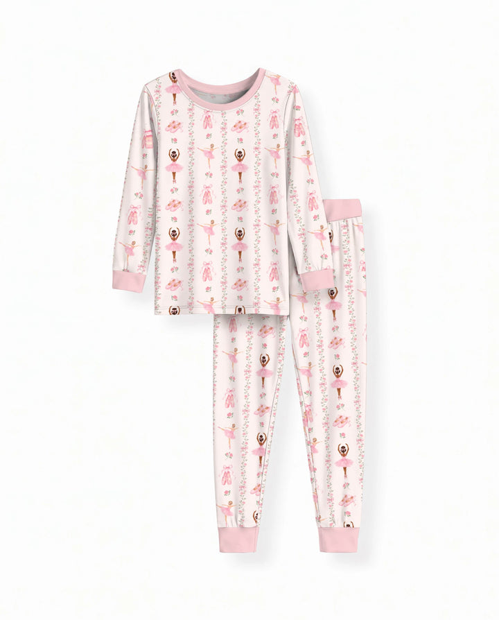 Black And Pink Ballerina Floral Ribbon Bamboo Two Piece Long Sleeve Pajama Set