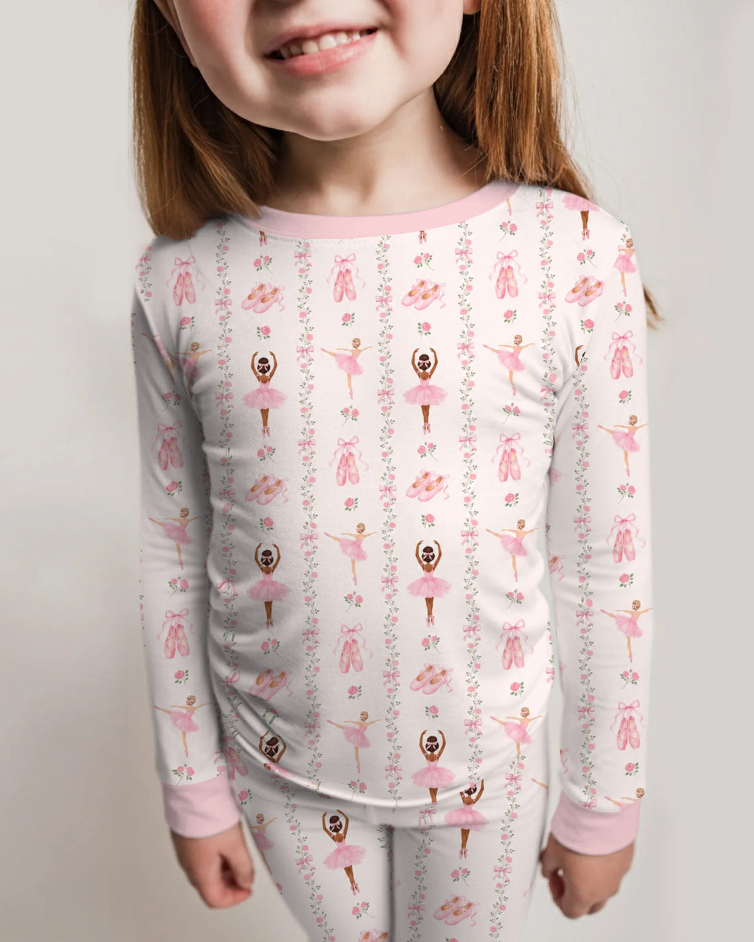 Black And Pink Ballerina Floral Ribbon Bamboo Two Piece Long Sleeve Pajama Set