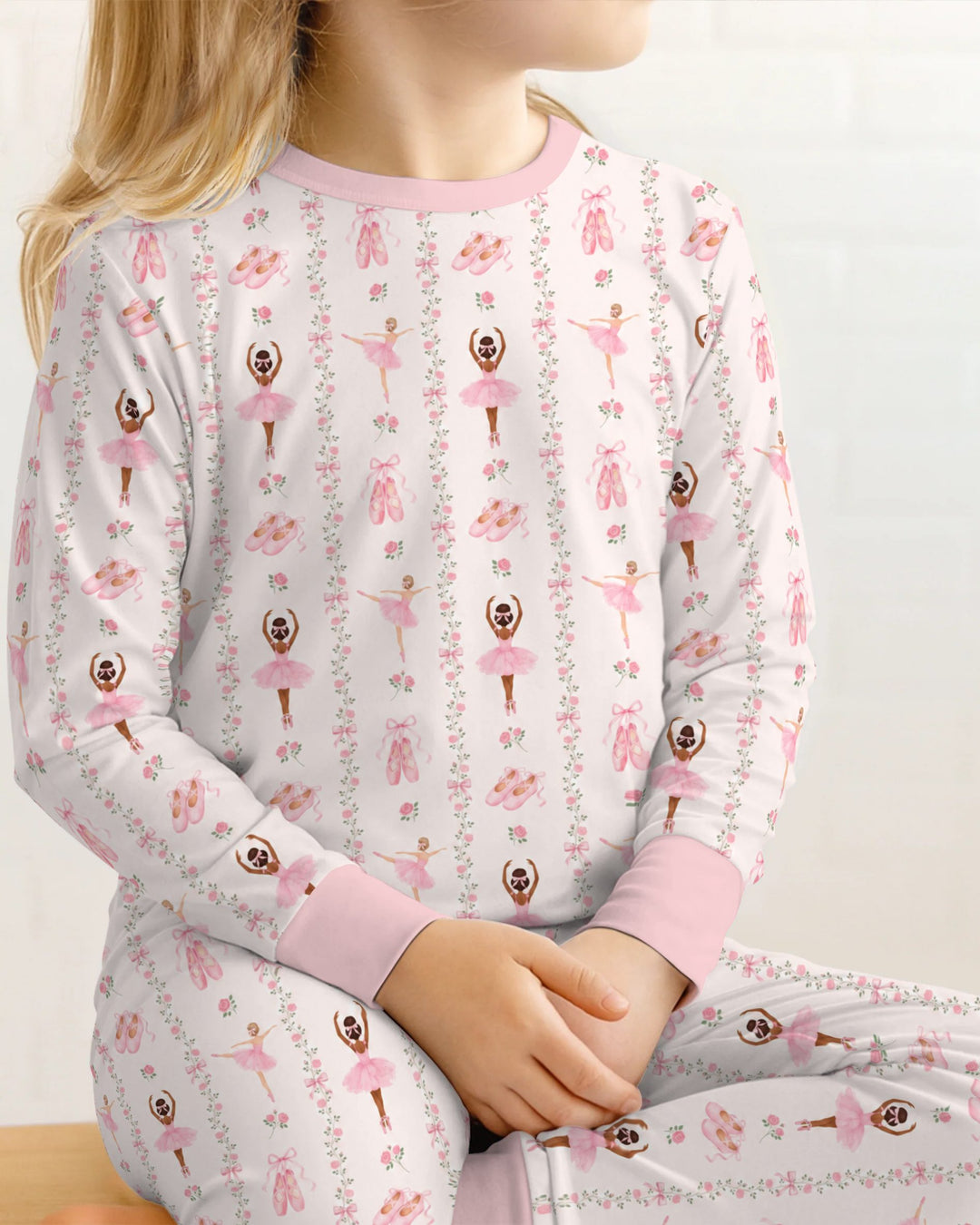 Black And Pink Ballerina Floral Ribbon Bamboo Two Piece Long Sleeve Pajama Set