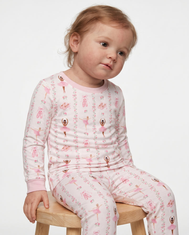 Black And Pink Ballerina Floral Ribbon Bamboo Two Piece Long Sleeve Pajama Set