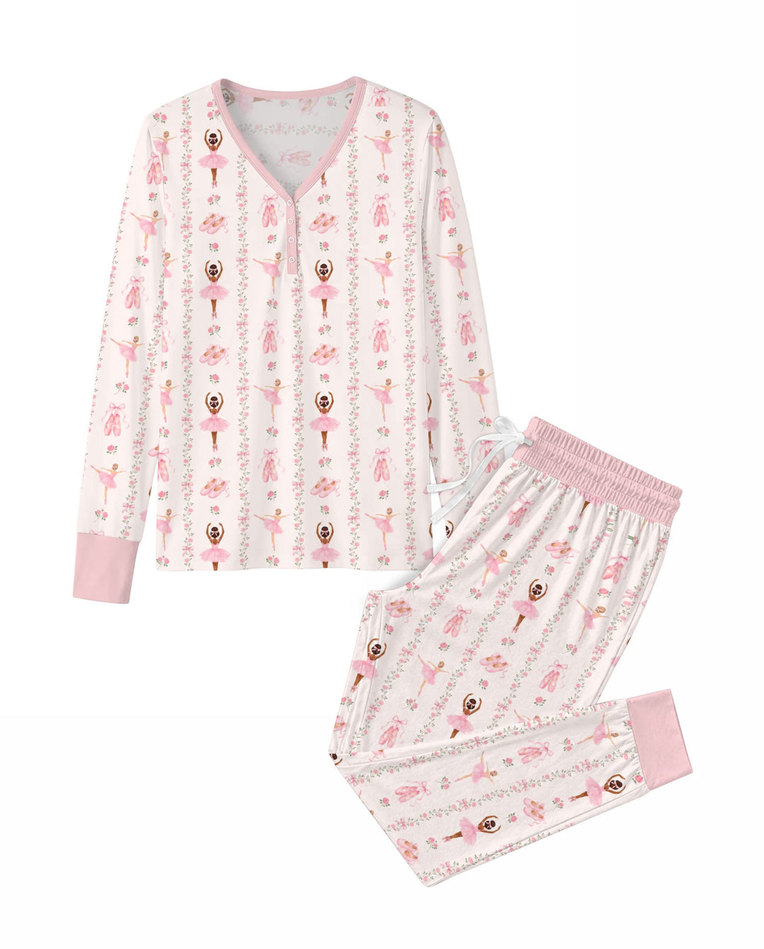 Black And Pink Ballerina Floral Ribbon Bamboo Women Pajama Set