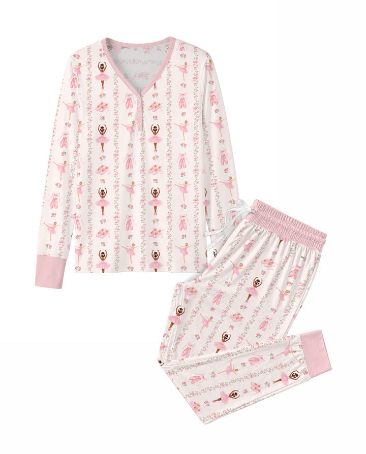 Black And Pink Ballerina Floral Ribbon Bamboo Women Pajama Set