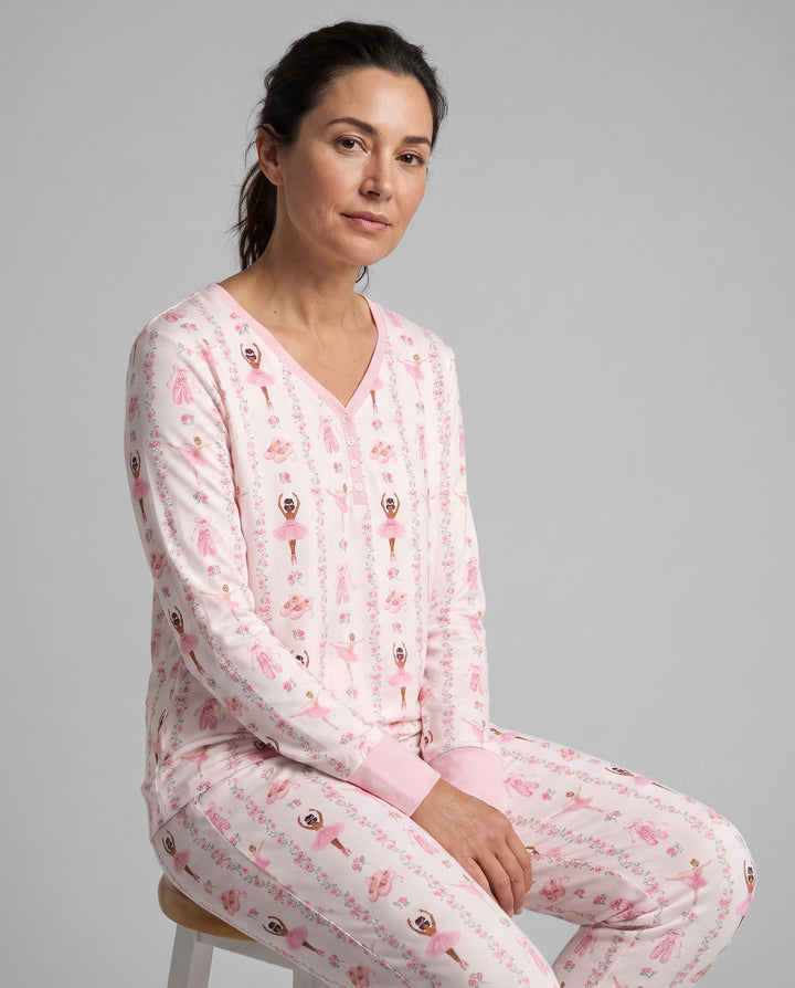 Black And Pink Ballerina Floral Ribbon Bamboo Women Pajama Set