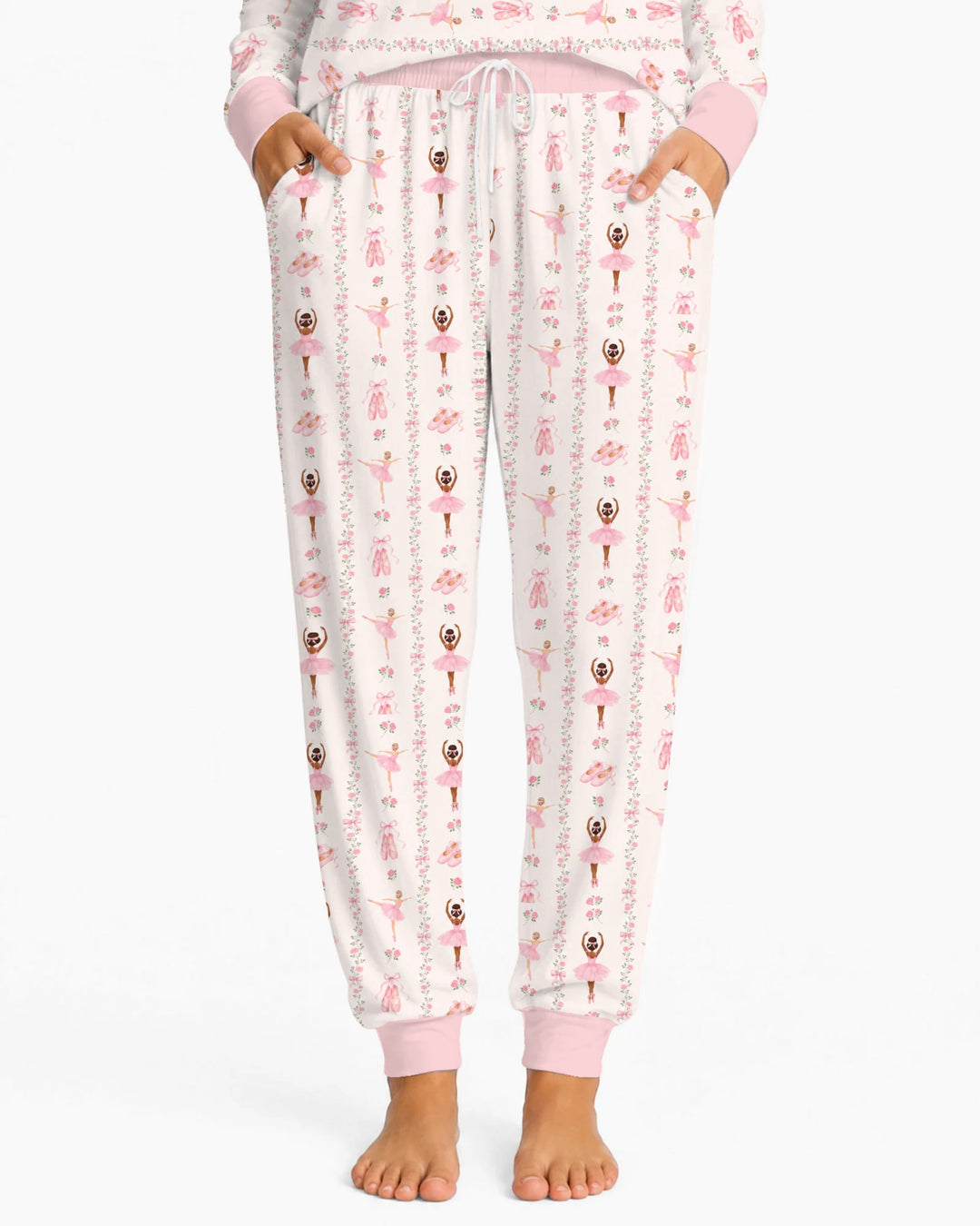 Black And Pink Ballerina Floral Ribbon Bamboo Women Pajama Set