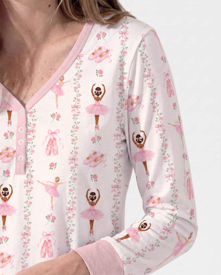 Black And Pink Ballerina Floral Ribbon Bamboo Women Pajama Set
