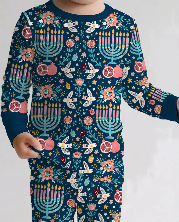 Colorful Folk Art Hanukkah Menorah Bamboo Two Piece Long Sleeve Pajama Set