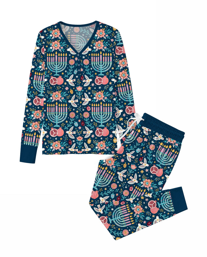 Colorful Folk Art Hanukkah Menorah Bamboo Women Pajama Set