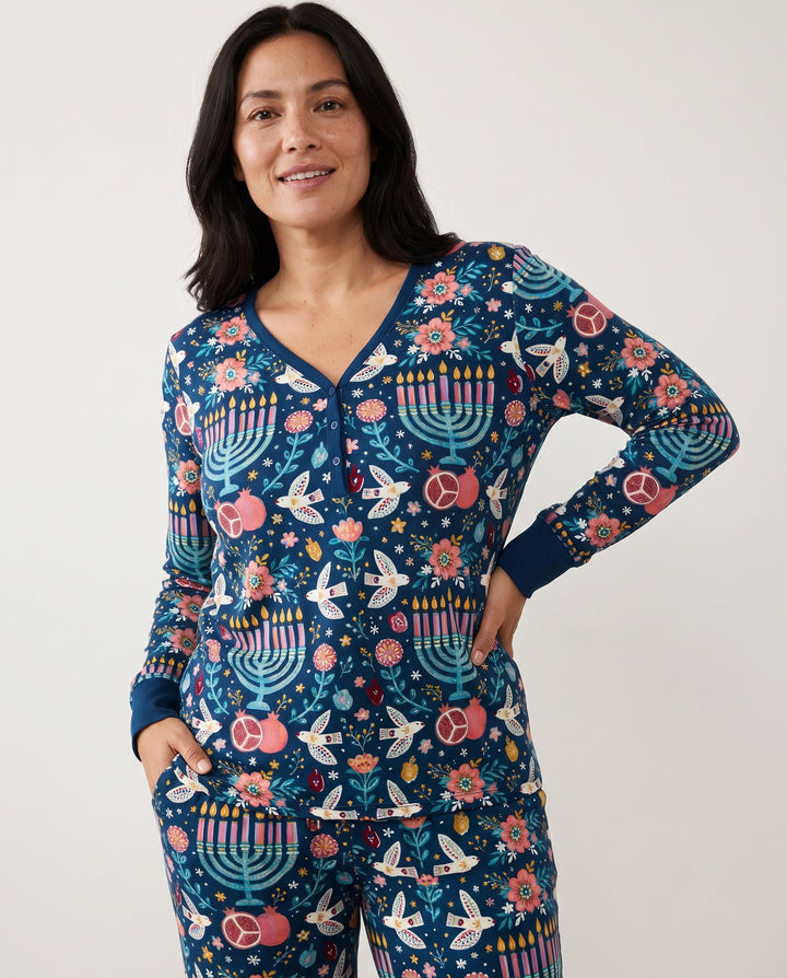 Colorful Folk Art Hanukkah Menorah Bamboo Women Pajama Set