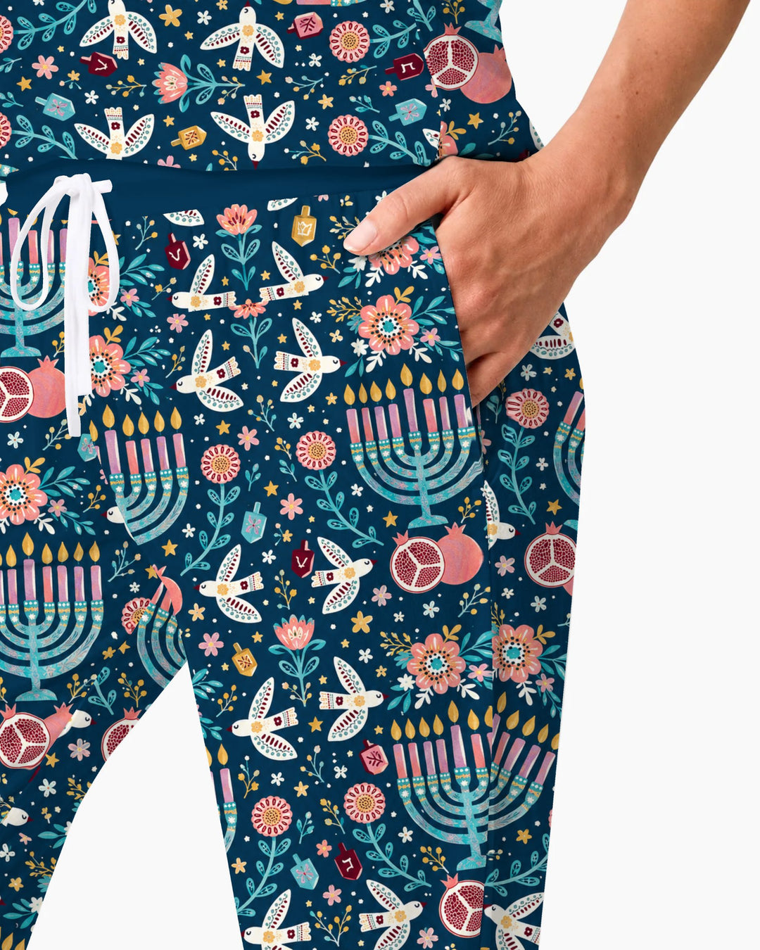 Colorful Folk Art Hanukkah Menorah Bamboo Women Pajama Set