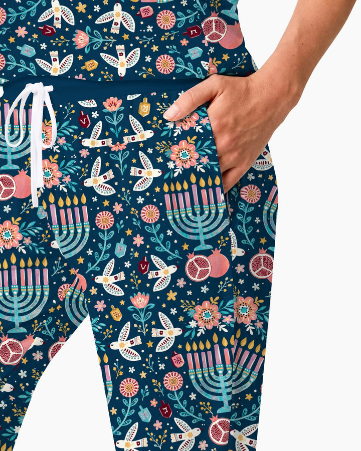 Colorful Folk Art Hanukkah Menorah Bamboo Women Pajama Set