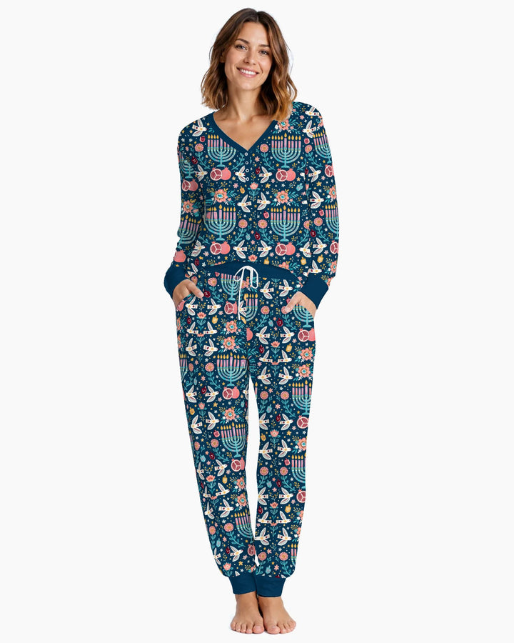 Colorful Folk Art Hanukkah Menorah Bamboo Women Pajama Set