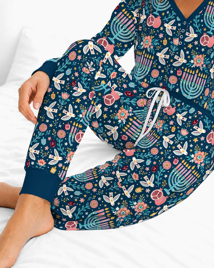 Colorful Folk Art Hanukkah Menorah Bamboo Women Pajama Set