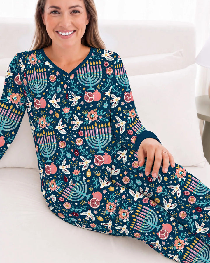 Colorful Folk Art Hanukkah Menorah Bamboo Women Pajama Set