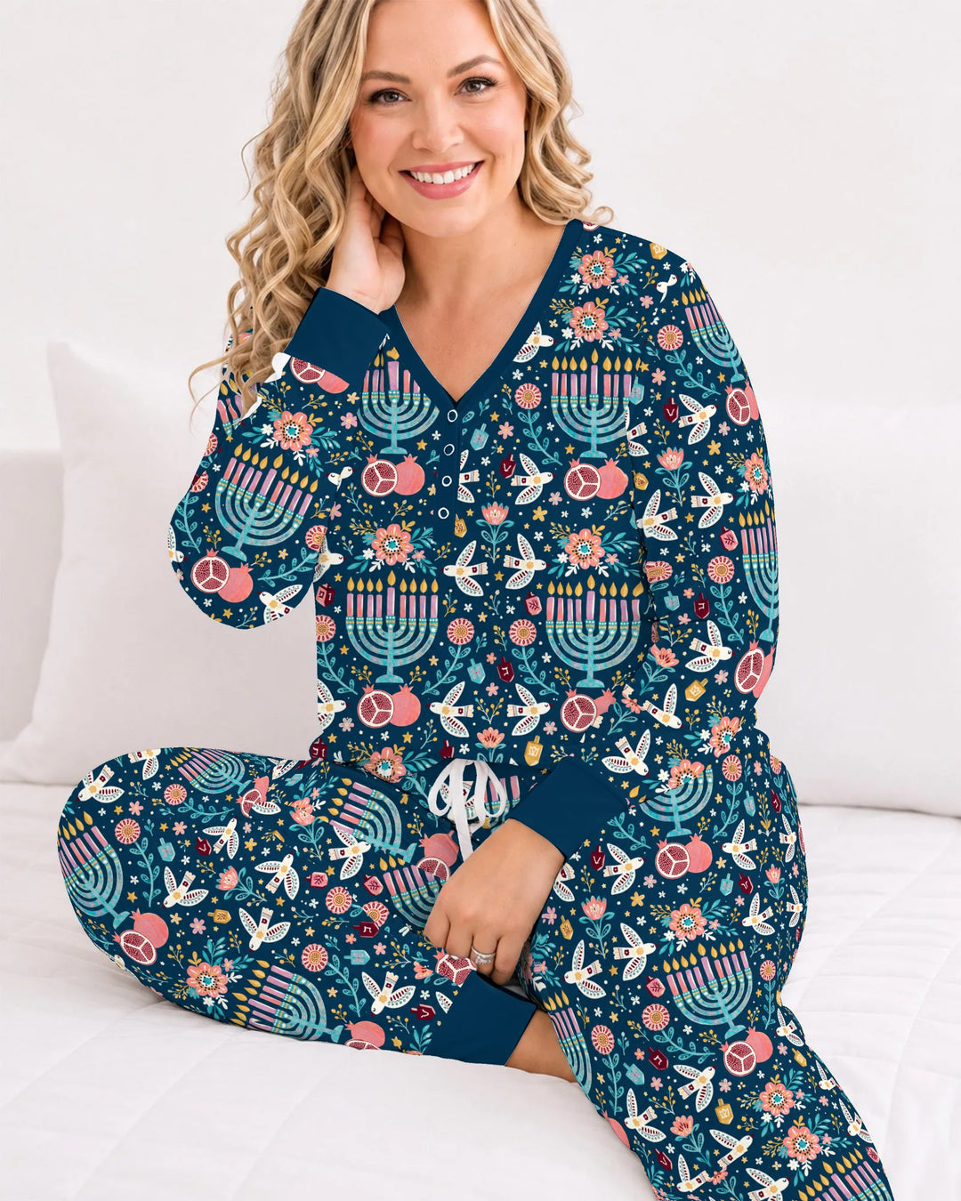 Colorful Folk Art Hanukkah Menorah Bamboo Women Pajama Set
