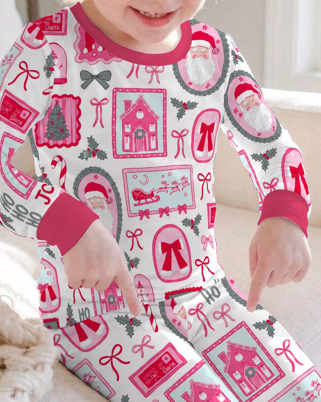 Pink Coquette Christmas Santa Bamboo Two Piece Long Sleeve Pajama Set
