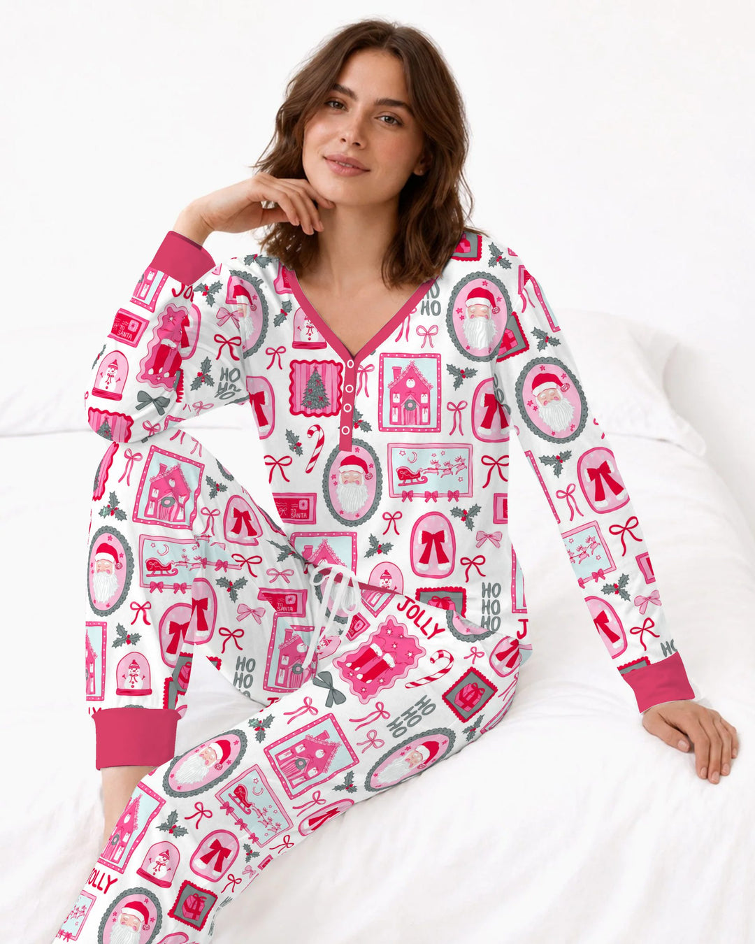Pink Coquette Christmas Santa Bamboo Women Pajama Set