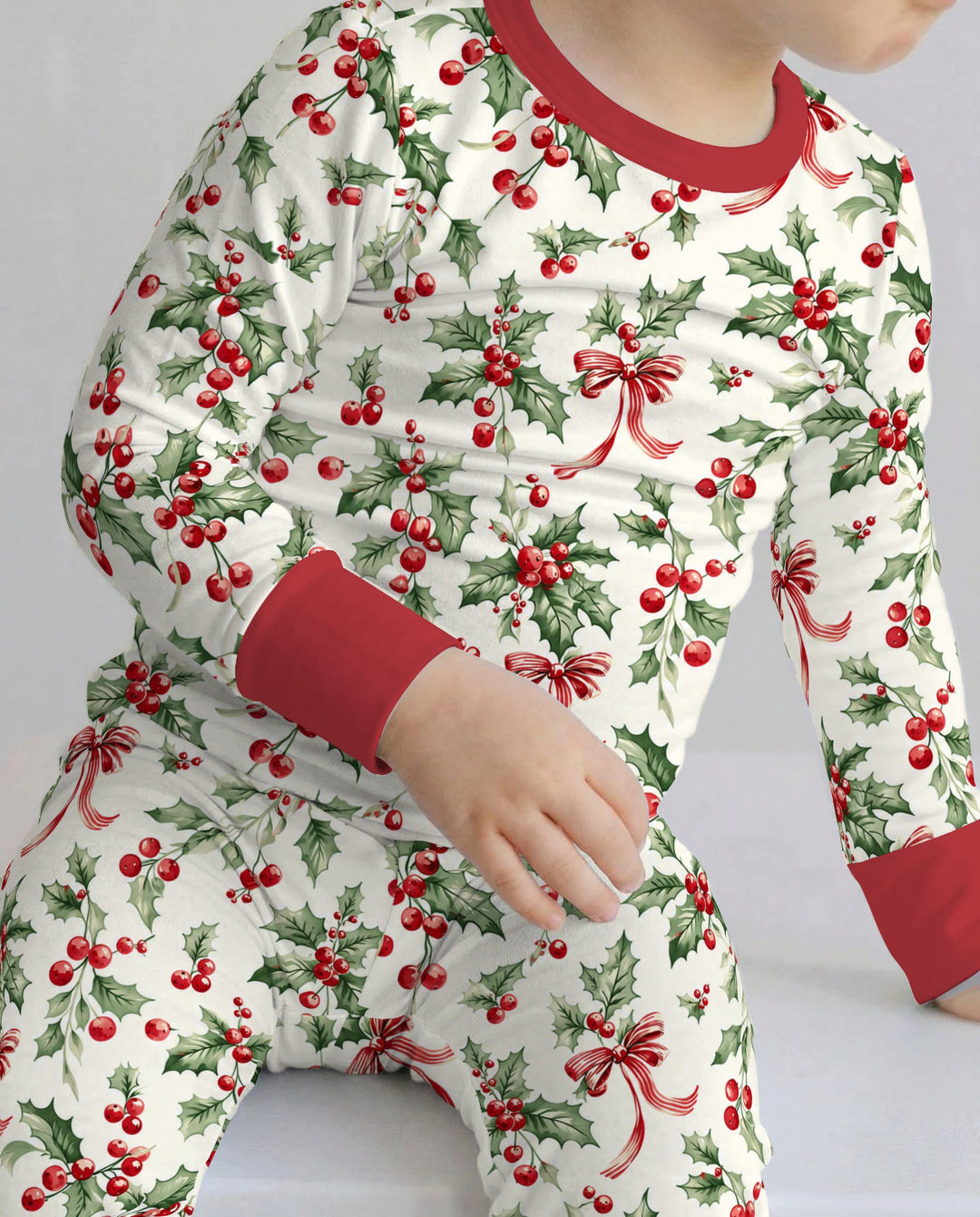 Christmas Holly Berry Ribbon Bamboo Two Piece Long Sleeve Pajama Set
