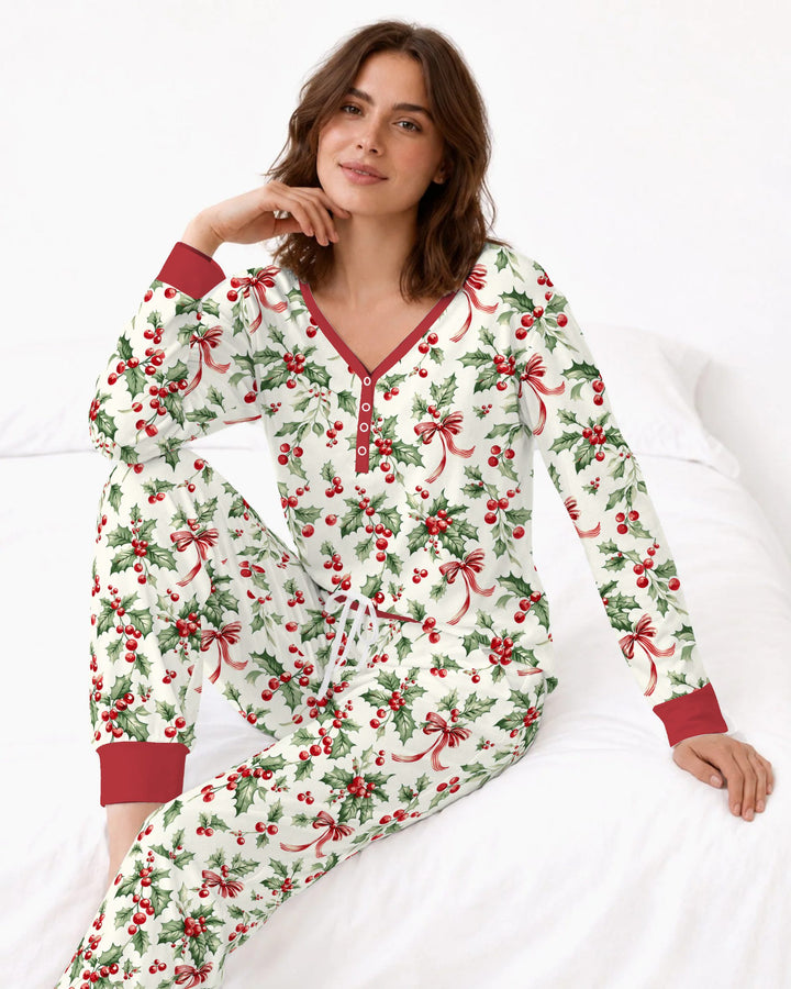 Christmas Holly Berry Ribbon Bamboo Women Pajama Set