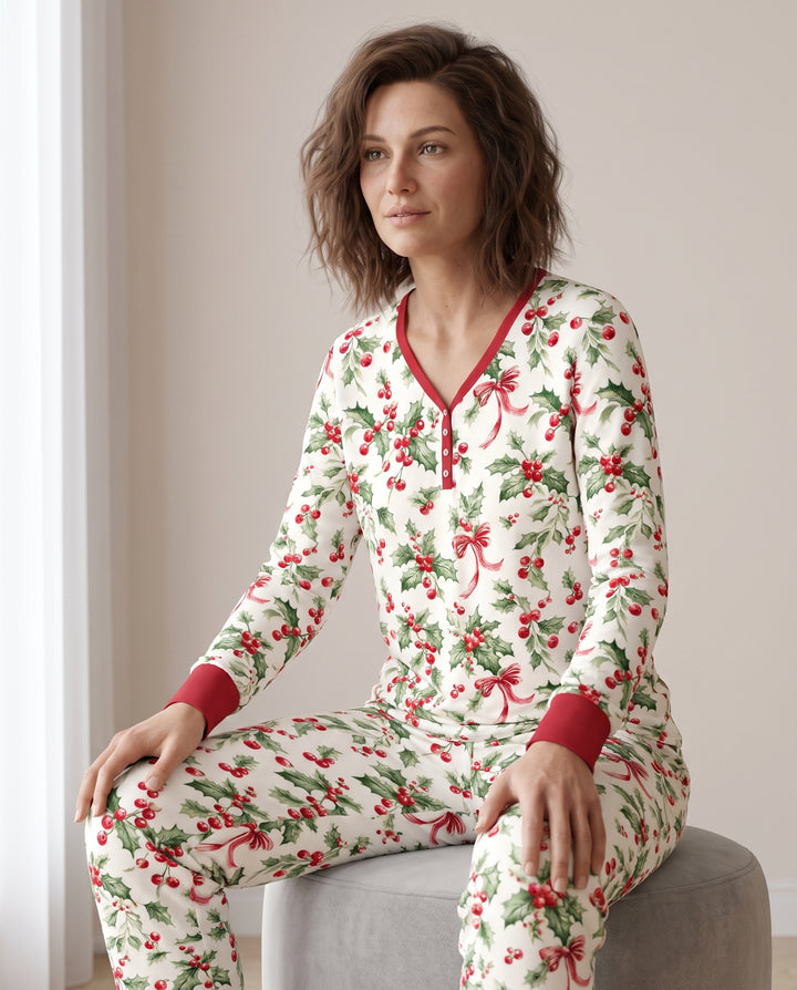 Christmas Holly Berry Ribbon Bamboo Women Pajama Set