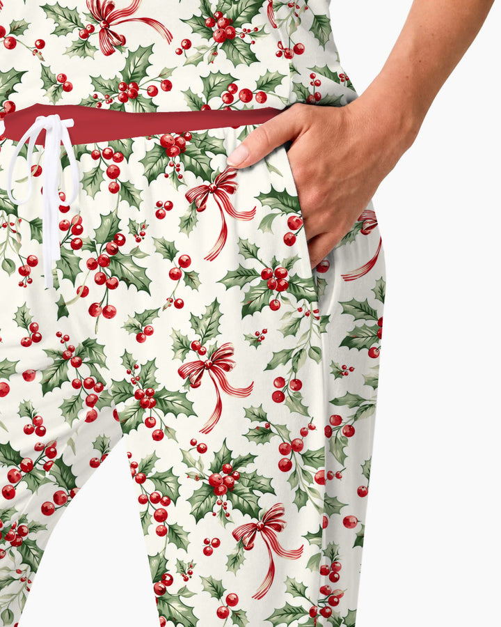 Christmas Holly Berry Ribbon Bamboo Women Pajama Set