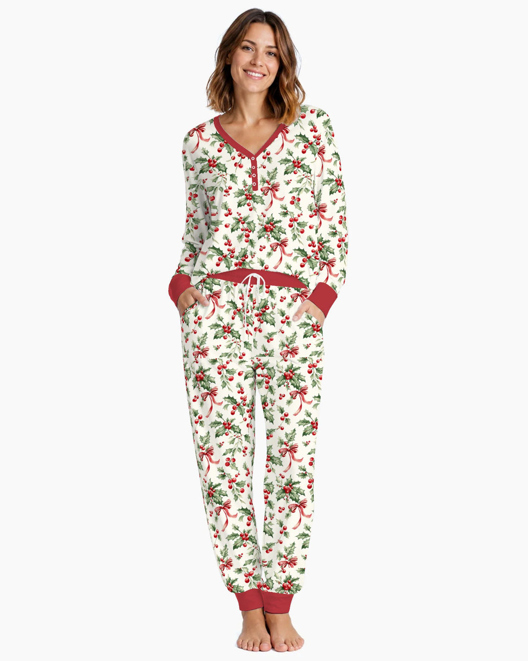 Christmas Holly Berry Ribbon Bamboo Women Pajama Set