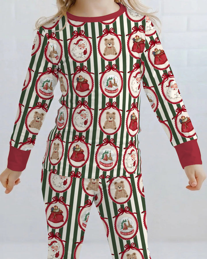 Vintage Christmas Ornament Stripe Bamboo Two Piece Long Sleeve Pajama Set