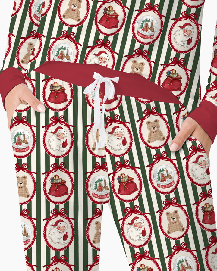 Vintage Christmas Ornament Stripe Bamboo Women Pajama Set