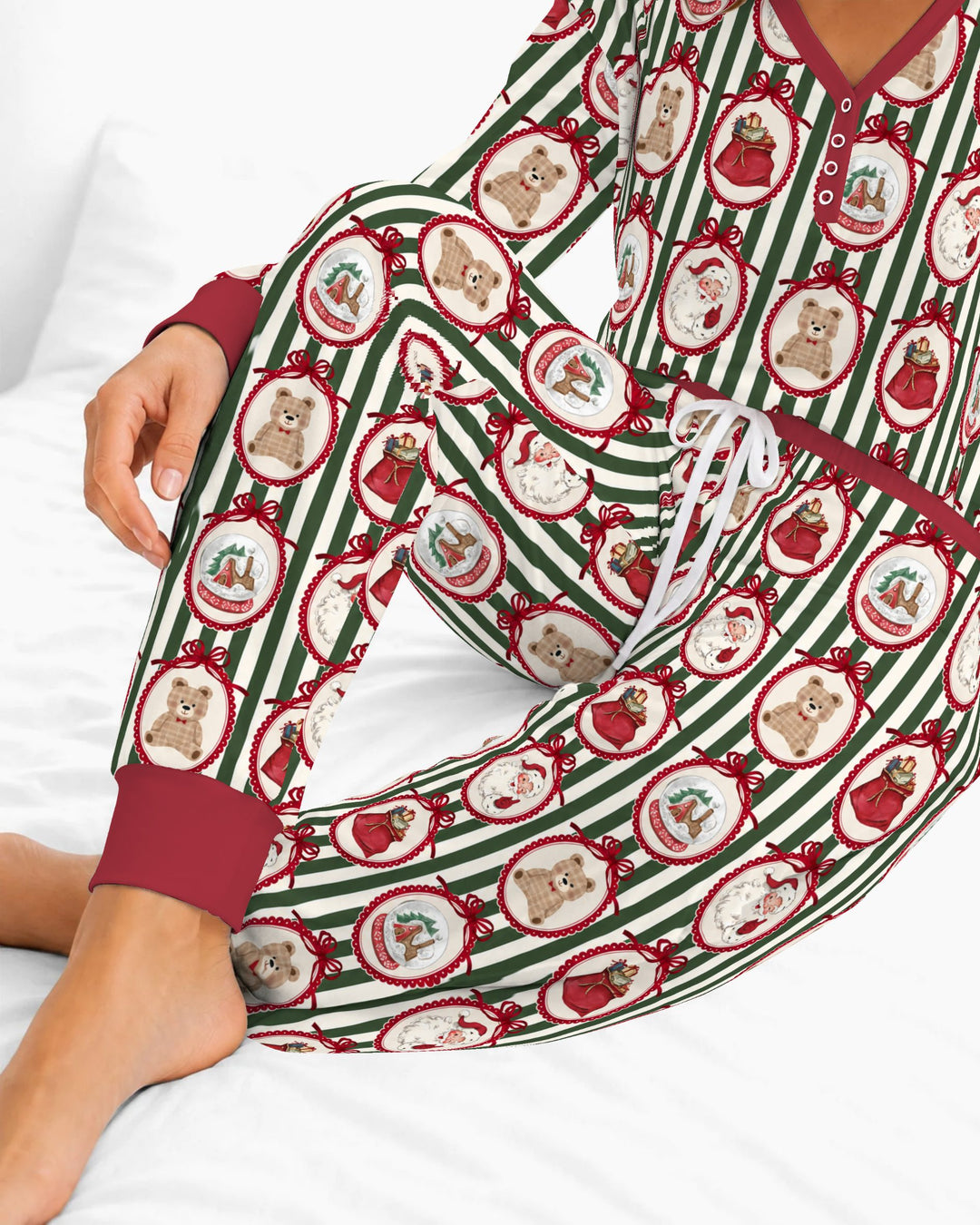 Vintage Christmas Ornament Stripe Bamboo Women Pajama Set