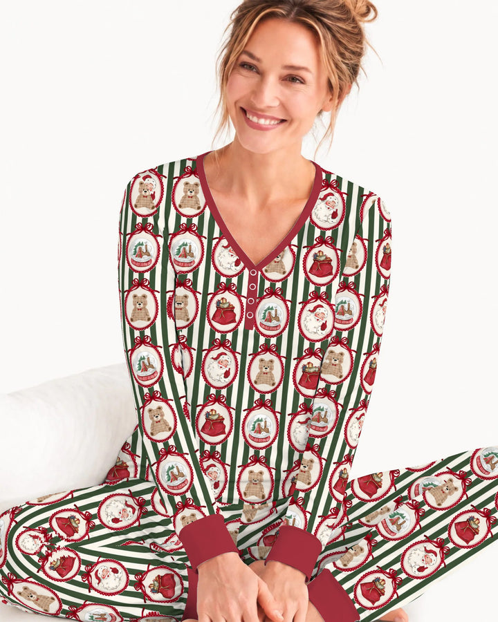 Vintage Christmas Ornament Stripe Bamboo Women Pajama Set