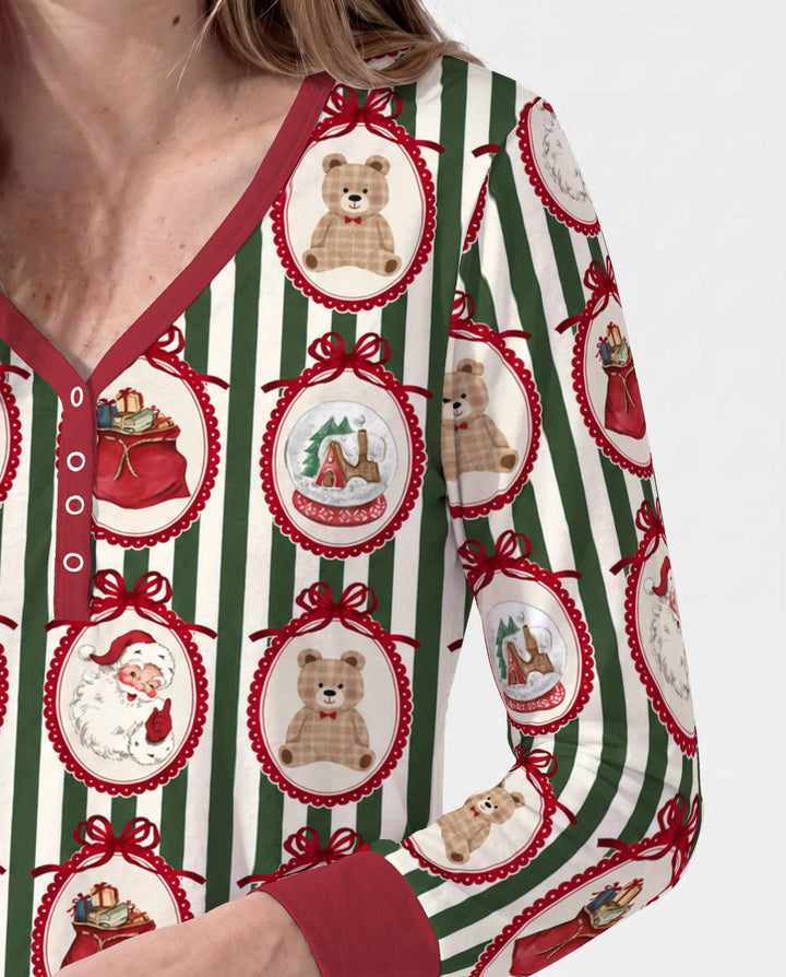 Vintage Christmas Ornament Stripe Bamboo Women Pajama Set