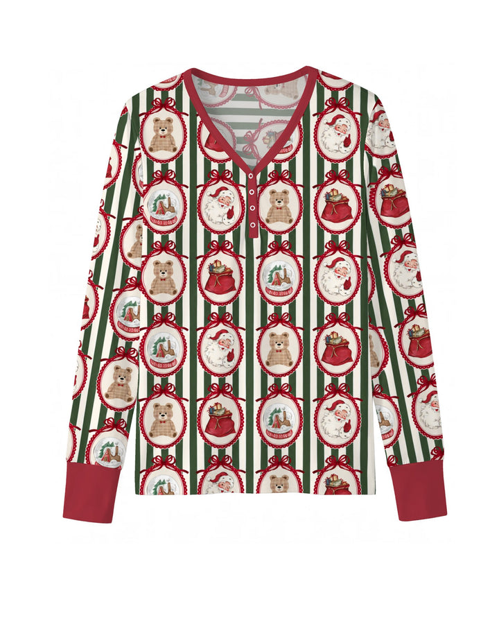 Vintage Christmas Ornament Stripe Bamboo Women Pajama Set