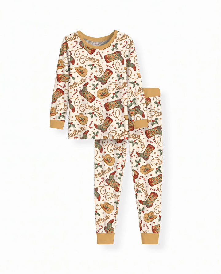 Western Cowboy Christmas Boots Bamboo Two Piece Long Sleeve Pajama Set