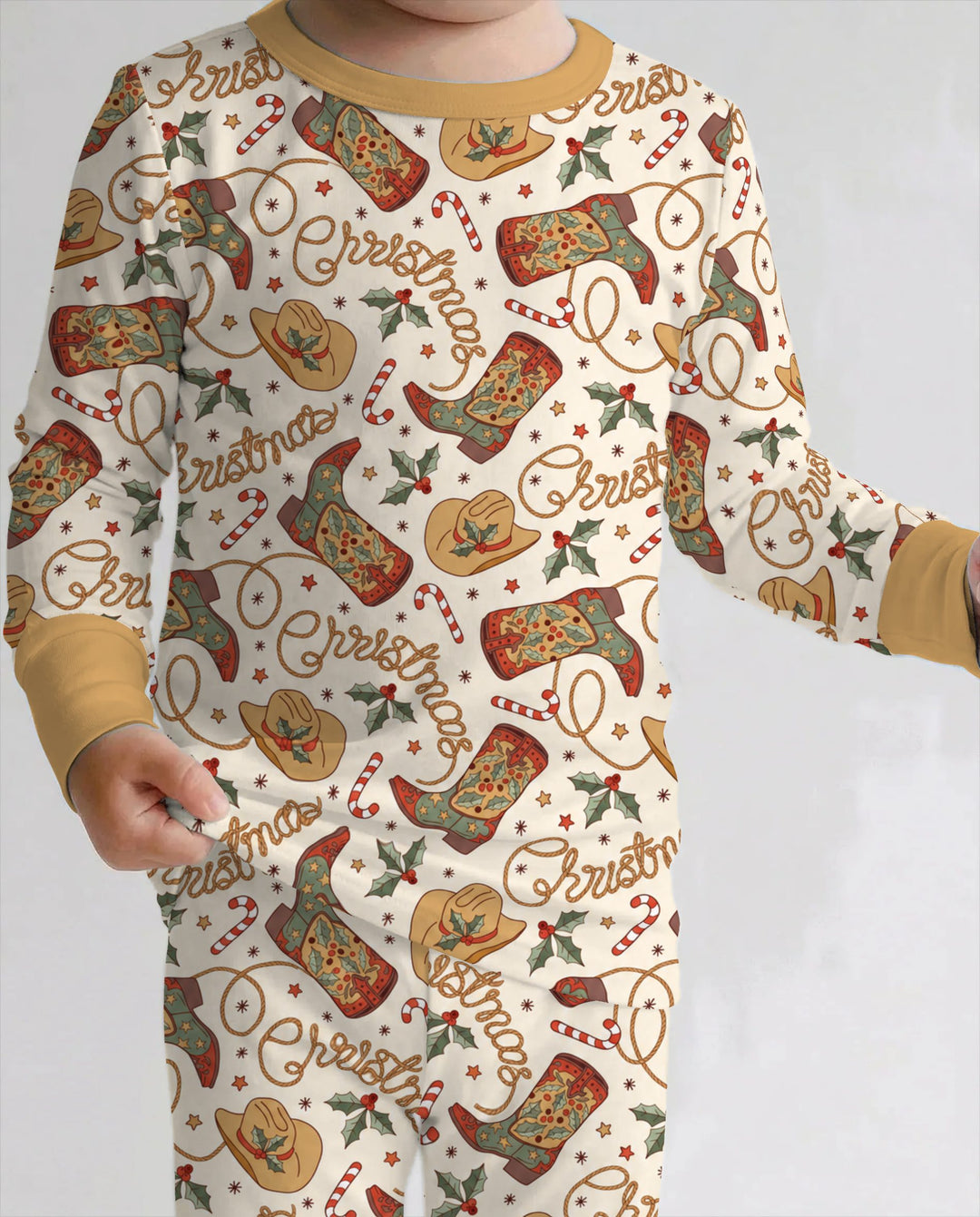 Western Cowboy Christmas Boots Bamboo Two Piece Long Sleeve Pajama Set