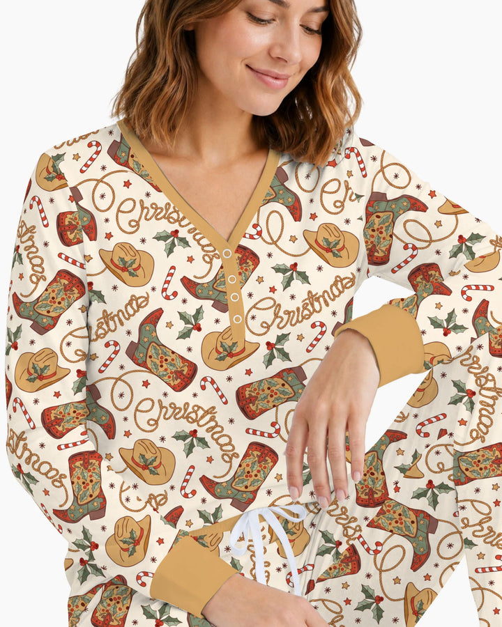 Western Cowboy Christmas Boots Bamboo Women Pajama Set