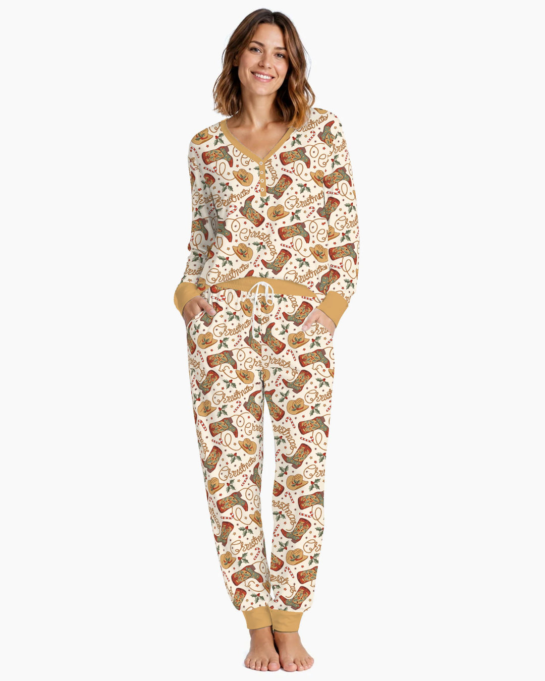 Western Cowboy Christmas Boots Bamboo Women Pajama Set