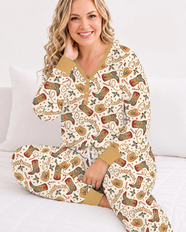 Western Cowboy Christmas Boots Bamboo Women Pajama Set