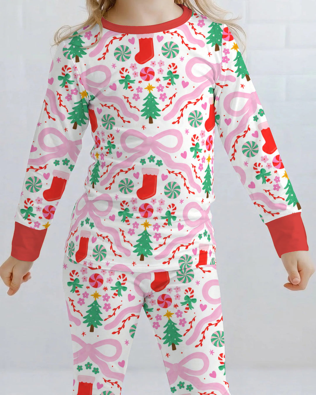 Pink Bow Christmas Candy Bamboo Two Piece Long Sleeve Pajama Set