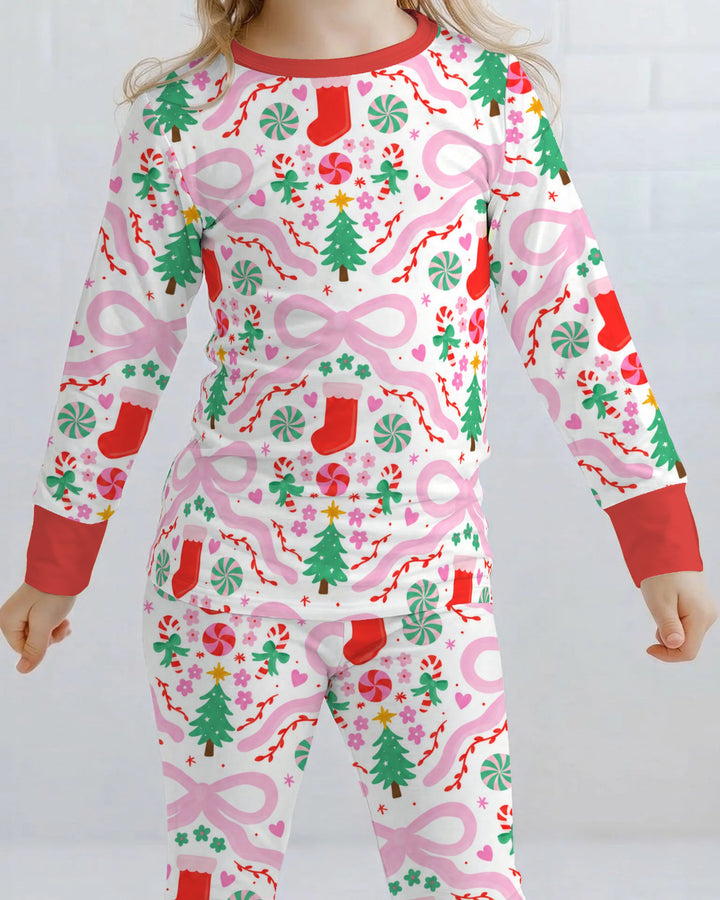 Pink Bow Christmas Candy Bamboo Two Piece Long Sleeve Pajama Set