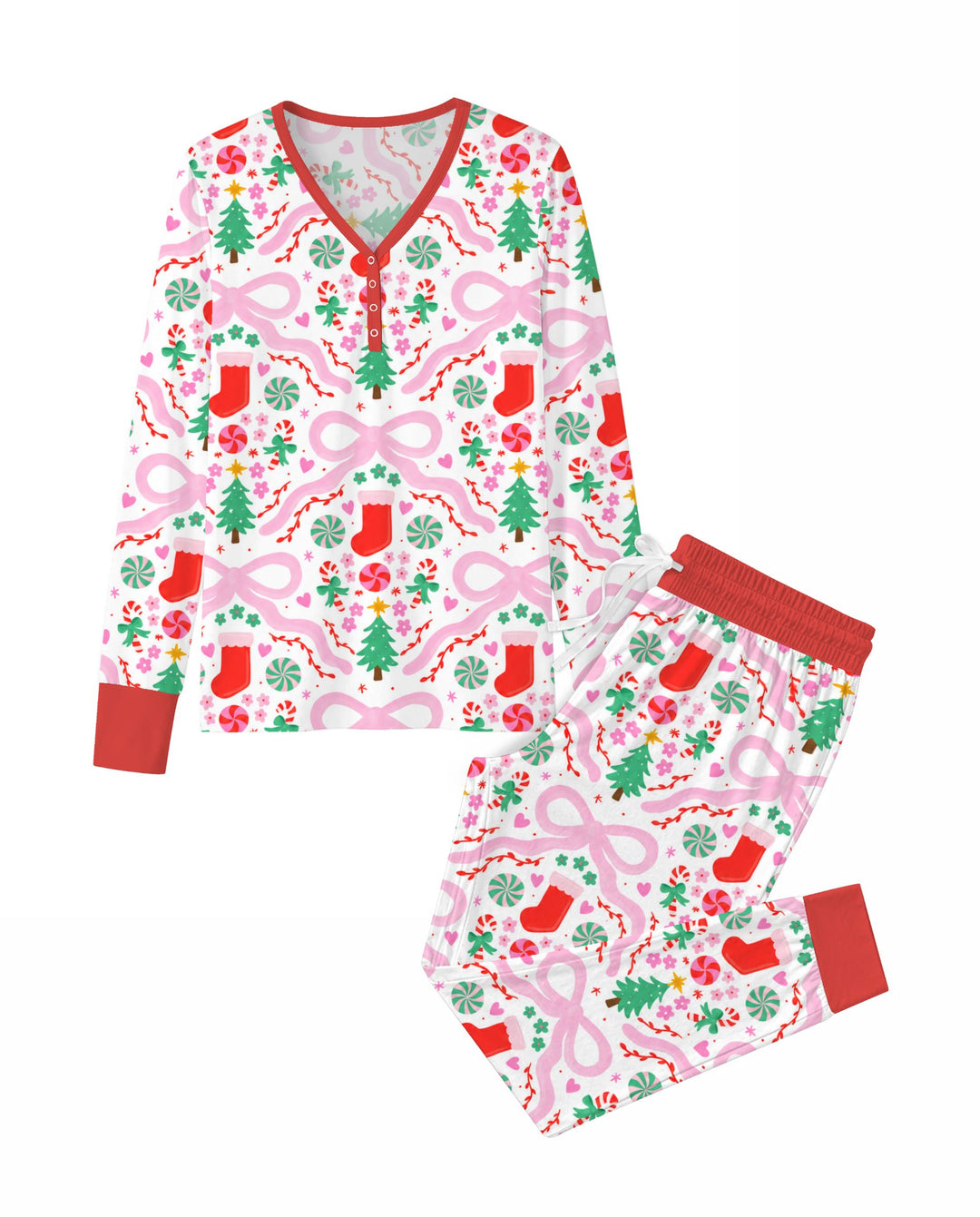 Pink Bow Christmas Candy Bamboo Women Pajama Set