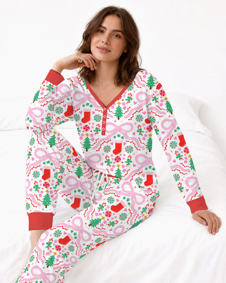 Pink Bow Christmas Candy Bamboo Women Pajama Set
