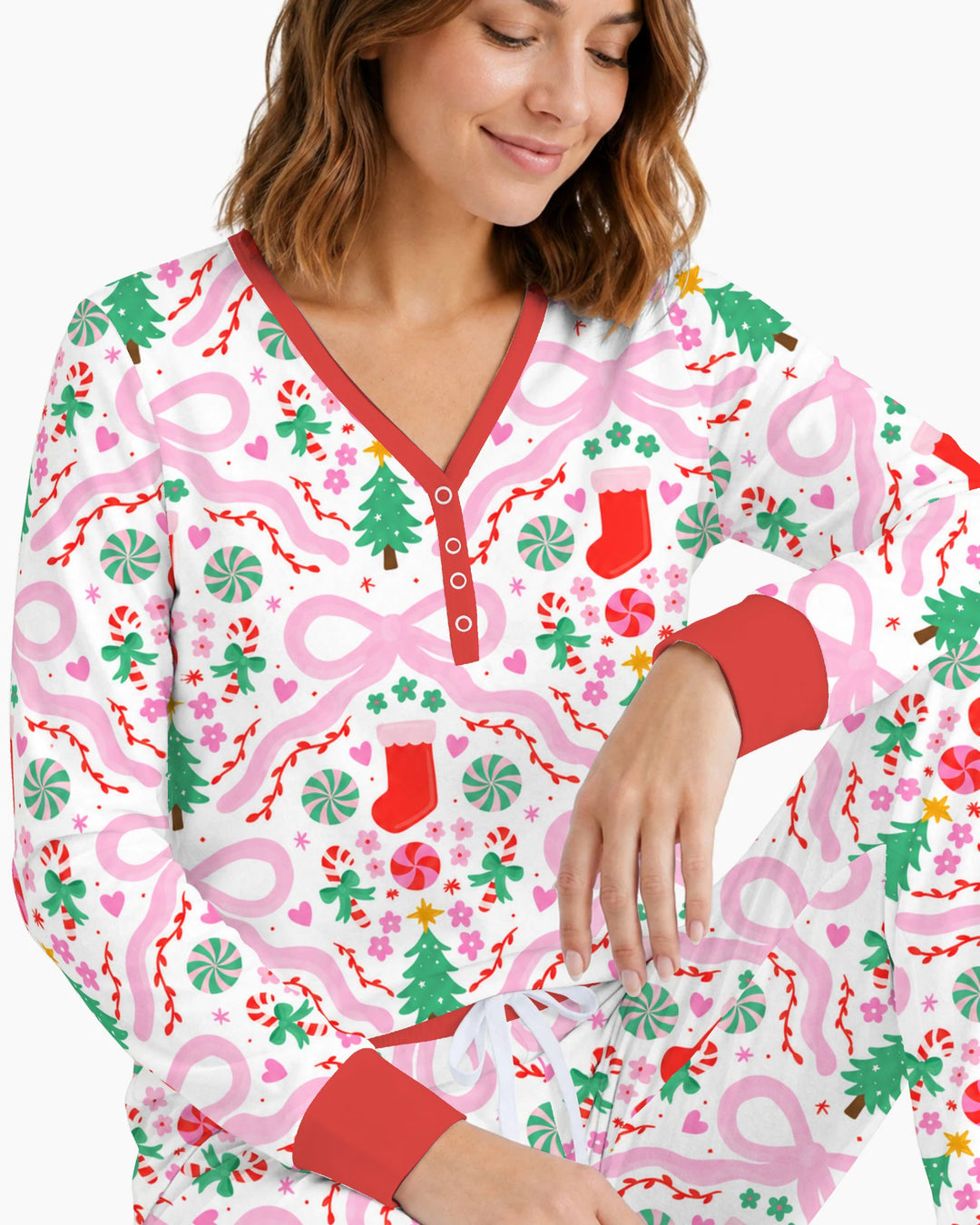 Pink Bow Christmas Candy Bamboo Women Pajama Set
