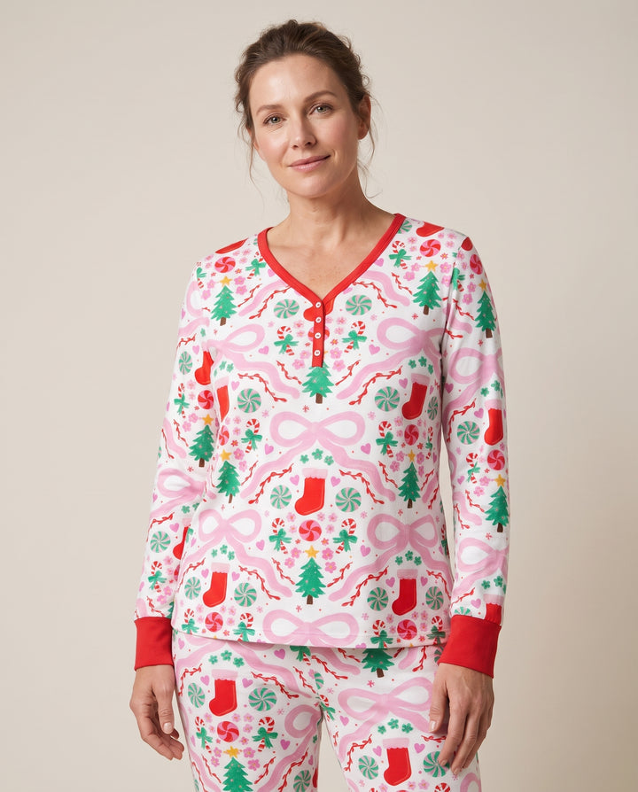 Pink Bow Christmas Candy Bamboo Women Pajama Set