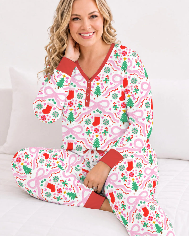 Pink Bow Christmas Candy Bamboo Women Pajama Set