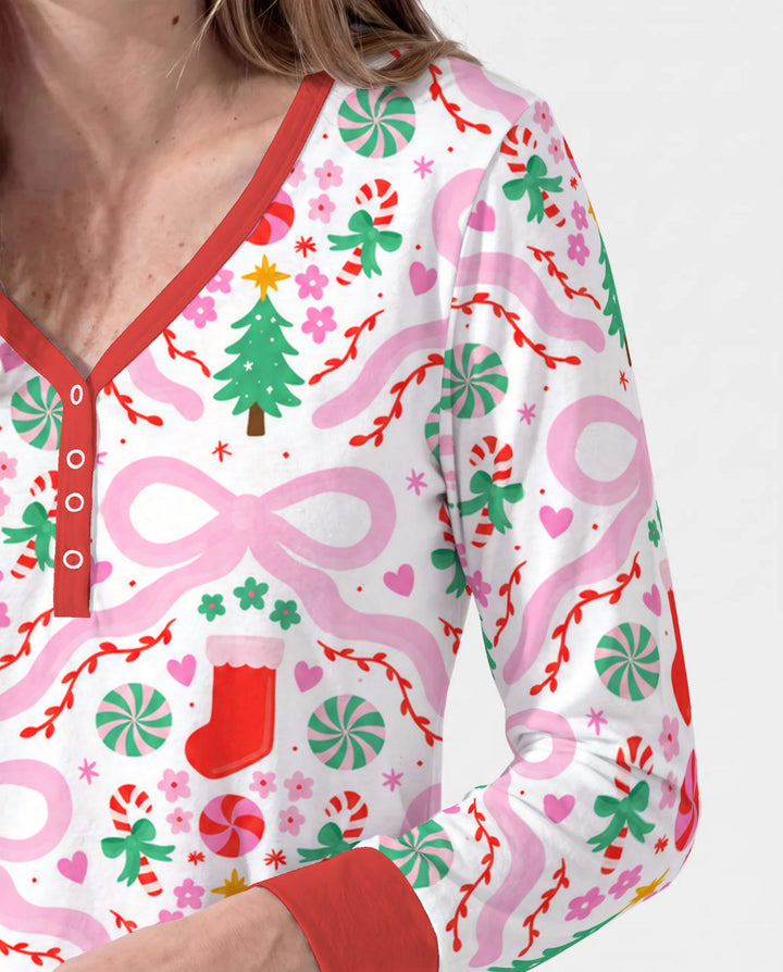 Pink Bow Christmas Candy Bamboo Women Pajama Set