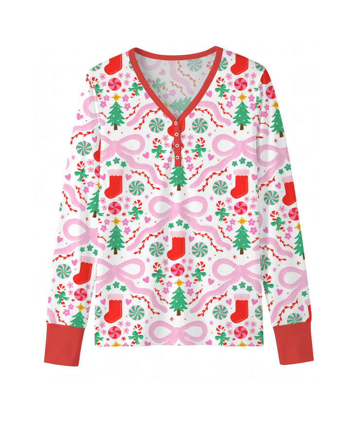 Pink Bow Christmas Candy Bamboo Women Pajama Set
