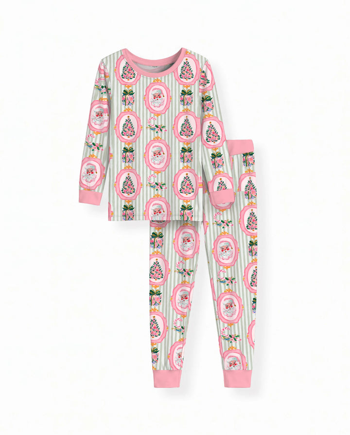 Pink Santa Christmas Tree Stripe Bamboo Two Piece Long Sleeve Pajama Set
